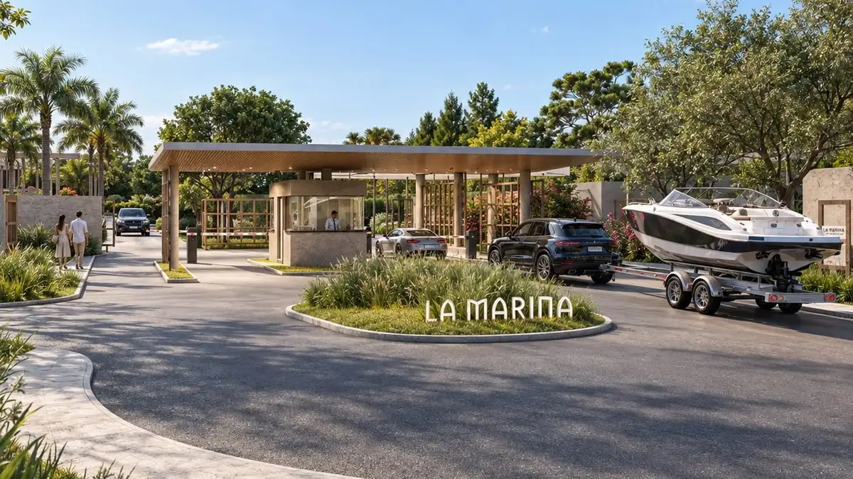Imagem conceitual: Lá Marina — acesso e transporte de embarcação.