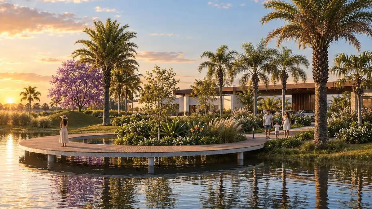 Imagem conceitual: Enseada Lagoa dos Quadros — paisagismo e água.